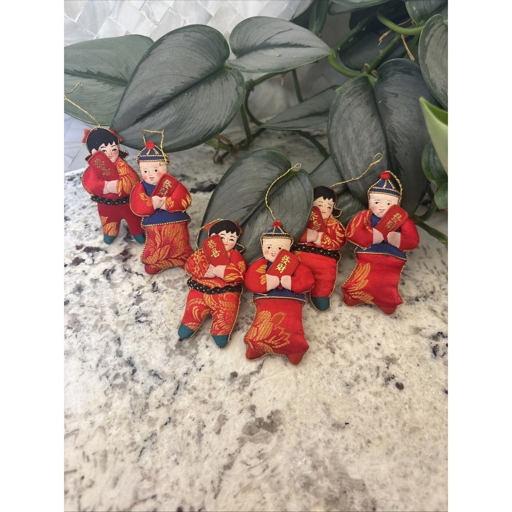 6 Silk Embellished Christmas‎ Ornaments Asian Children Chinese Lunar New Year